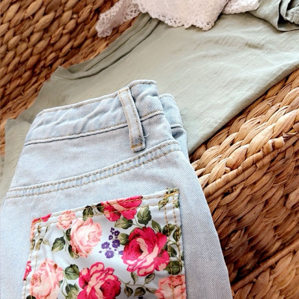 Blue and Pink Jeans with Floral Pattern and Classic Stitching
